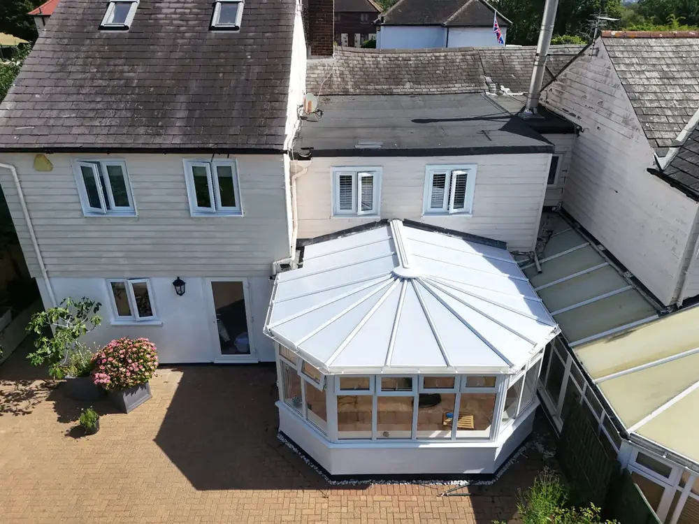 Conservatory roof and windows after repair, seen from above
